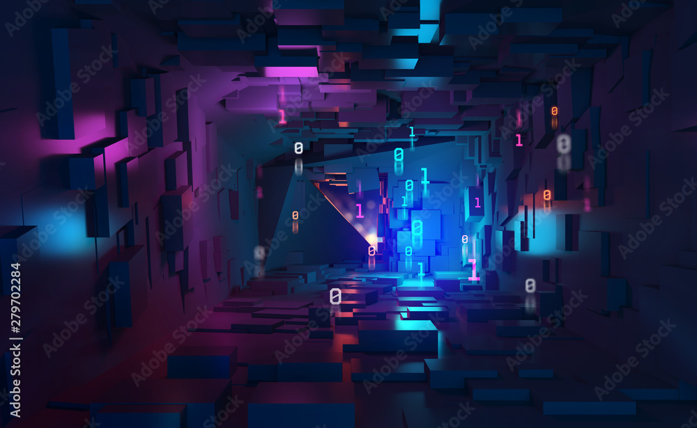 Poster Neon light, ultraviolet. Cyberspace and virtual reality 3d illustration. Inside spacecraft. Fantastic tunnel, digital city, binary code. Quantum processor and future technologies