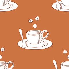 Coffee cup with spoon and sugar cubes on warm brown background seamless pattern 