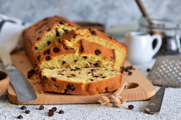 Banana bread with chocolate chips on the kitchen table.