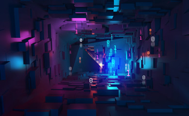 Neon light, ultraviolet. Cyberspace and virtual reality 3d illustration. Inside spacecraft. Fantastic tunnel, digital city, binary code. Quantum processor and future technologies