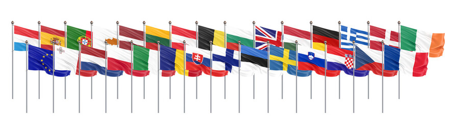 Silk waving 28 flags of countries of European Union. Isolated on white. 3D illustration. - Illustration