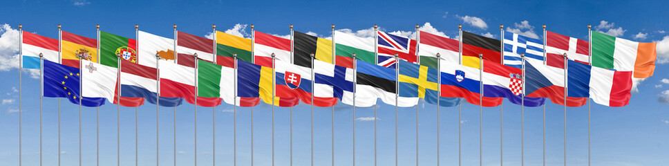 Silk waving 28 flags of countries of European Union. Blue sky background. 3D illustration. - Illustration