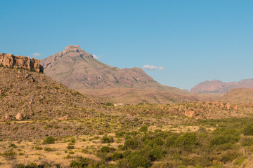 Desert landscape view of the Chisos Basin during the day in Big Bend National Park (Texas).