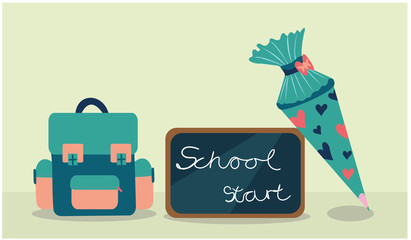 School bag vector illustration with blackboard saying: school start and turquoise school cone decorated with points on olive green background with isolated  space 
