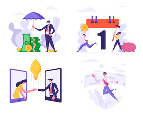 Fototapeta premium Set Business Man Cover Heap of Banknotes Money with Umbrella, People Break Piggy Bank for Tax Payment Schedule, Man and Woman Shaking Hands, Businessman in Vr Glasses, Cartoon Flat Vector Illustration
