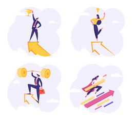 Set of Business People, Employees Men and Women Characters Stand on Growing Up Arrow, Man Holding Barbell, Goblet, Super Hero Girl, Leadership, Success, Challenge, Cartoon Flat Vector Illustration