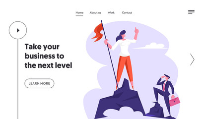 Businesswoman Climbed to Top of Mountain Hoisted Flag to Rock Peak, Success, Business Challenge, Goal Achievement Concept Website Landing Page, Web Page. Cartoon Flat Vector Illustration, Banner
