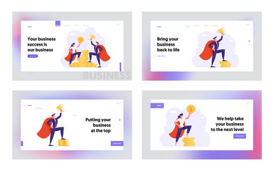 People and Money Website Landing Page Set, Male and Female Business Characters in Super Hero Cloaks Hold Golden Dollar and Cup Stand on Stack of Coins Web Page. Cartoon Flat Vector Illustration Banner