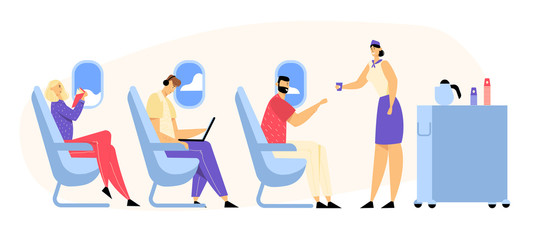 Airplane Crew and Passenger Characters in Plane. Stewardess Giving Drink to Happy People Sitting on Chairs in Economy Class of Aircraft. Airline Transportation Service Cartoon Flat Vector Illustration