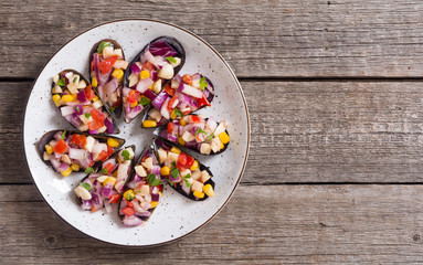 Traditional  Peruvian food background with mussels