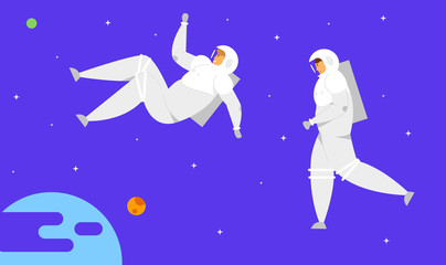 Obraz na płótnie Canvas Astronaut Characters in Space Suits Flying in Outer Space with Stars and Earth or Extraterrestrial Planet Background, Cosmonauts in Charge of Maintenance, Exploration, Cartoon Flat Vector Illustration