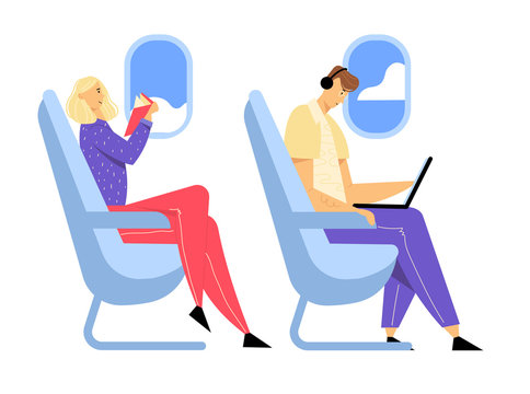 Young Man Wearing Headset Sitting in Comfortable Airplane Seat and Working on Laptop, Woman Reading Book, Passengers in Plane, Airline Transportation Service, Travel. Cartoon Flat Vector Illustration