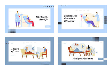 Blood Donation and Psychologist Appointment Website Landing Page Set, Donor in Clinic Giving Lifeblood, Doctor Talking with Patient of Mind Health Web Page. Cartoon Flat Vector Illustration, Banner