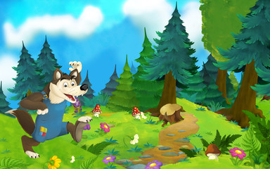 Fototapeta na wymiar Cartoon fairy tale scene with wolf on the meadow - illustration for children