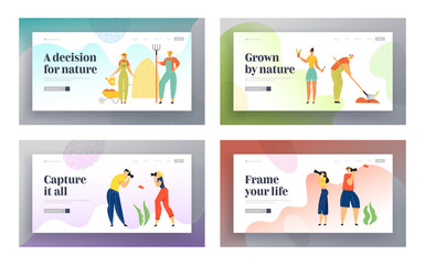 Gardening, Care of Plants and Photographing People Website Landing Page Set, Farming Industry, Ecological Production, Garden, Photo Shooting Hobby Web Page. Cartoon Flat Vector Illustration, Banner
