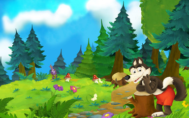 Cartoon fairy tale scene with wolf on the meadow - illustration for children