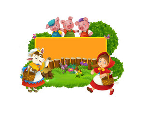 Cartoon fairy tale scene with wolf and title frame with different characters - illustration for children