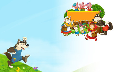 Cartoon fairy tale scene with wolf on the meadow and title frame with different characters - illustration for children