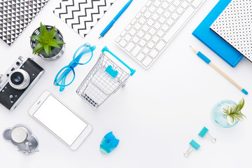 Man holds a tablet and looks at the screen. Mobile development. Innovational online businesses. Internet technologies. Trendy design. Geometry. Fashionable vibrant colors. Using a device. UX and UI.