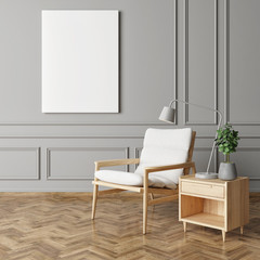 Armchair with mock up poster on gray wall, 3d rendner, 3d illustration