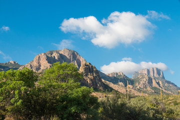 Desert landscape view of the Chisos Basin during the day in Big Bend National Park (Texas).