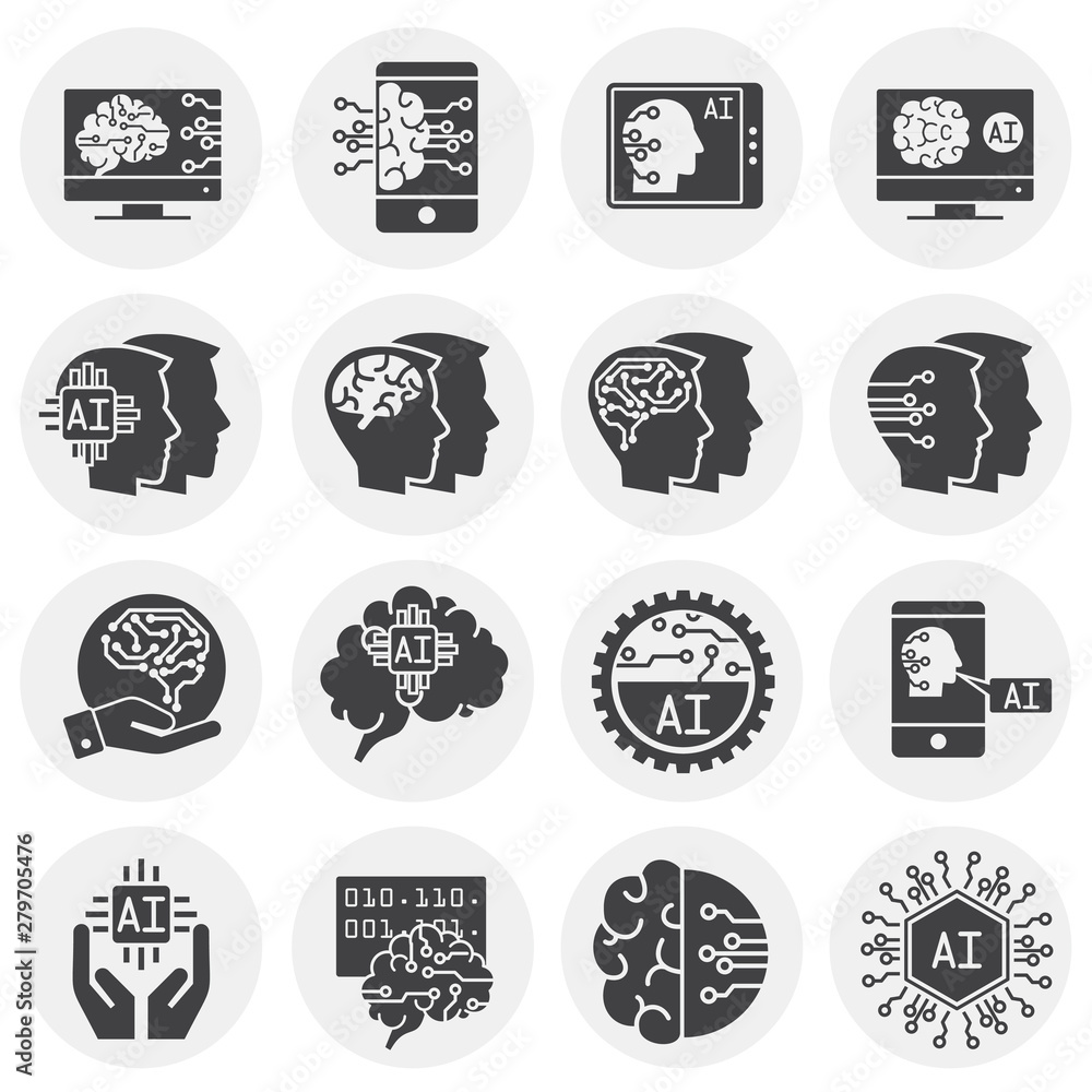 Poster artificial intelligence ai related icons set on background for graphic and web design. simple illust