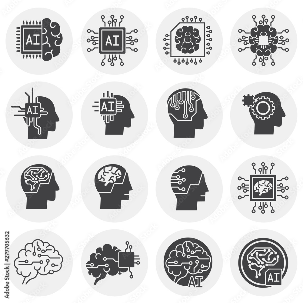 Poster artificial intelligence ai related icons set on background for graphic and web design. simple illust