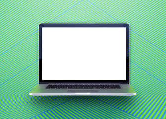 Computer staying on a table & showing the screen. Trendy & vibrant design. Geometry. Innovational digital internet applications & web business solutions. Modern workspace in an office. Development.