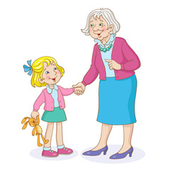 Happy family. Grandmother and little granddaughter stand hand in hand. In a cartoon style. Isolated on white background