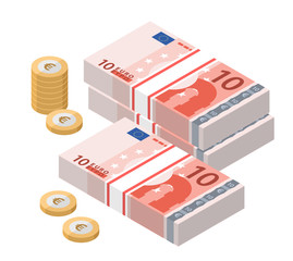 Isometric stacks of 10 euro banknotes. Paper money and coins. Ten bills. European currency notes. Vector illustration.
