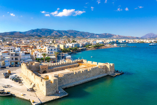 Aerial view of the Kales Venetian fortress at the entrance to the harbour, Ierapetra, Crete, Greece