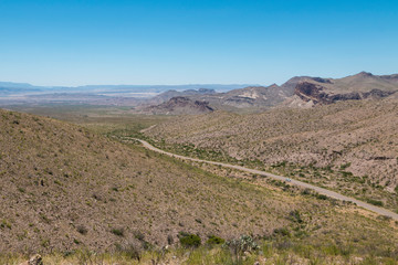 Desert landscape view of Big Bend National Park during the day in Texas.