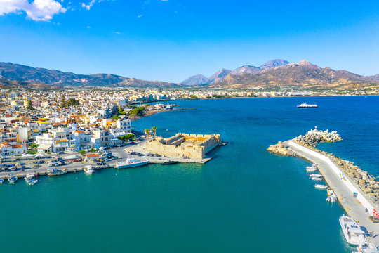 Aerial view of the Kales Venetian fortress at the entrance to the harbour, Ierapetra, Crete, Greece