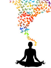 A lot of flying butterflies. Yoga silhouette. vector illustration
