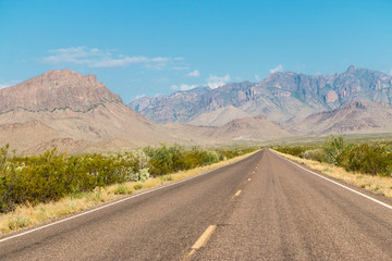 Desert landscape view of Big Bend National Park during the day in Texas.