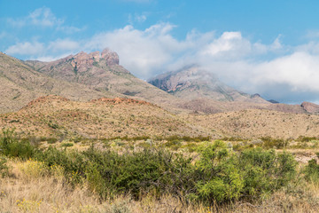 Desert landscape view of Big Bend National Park during the day in Texas.