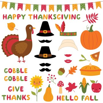 Thanksgiving symbols set (a turkey, a pumpkin, pilgrim hats, fall leaves)