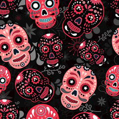 Abstract seamless skull pattern for girl, boy, clothes. Creative skull vector background with mexican symbol, day of the dead, dots, lines. Funny wallpaper for textile and fabric. Fashion skull style.