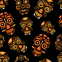 Abstract seamless skull pattern for girl, boy, clothes. Creative skull vector background with mexican symbol, day of the dead, dots, lines. Funny wallpaper for textile and fabric. Fashion skull style.