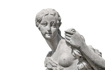 Old statue of a sensual Renaissance era woman in Potsdam, isolated at white background, Germany,...