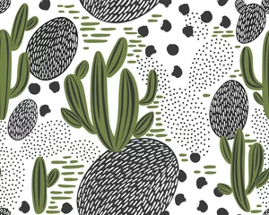 Cercles muraux Pour elle Modèle sans couture de vecteur avec cactus sur fond blanc. Plantes, fleurs et feuilles d& 39 été. Conception lumineuse florale naturelle. Illustration botanique.
