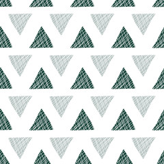 Vector seamless pattern background features forest green and gray hand-drawn triangles with texture on white. Suitable for packaging, graphic, backdrops, wrapping paper, home decor, wallpaper.