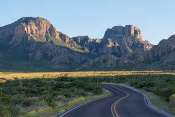 Desert landscape view of the Chisos Basin during the day in Big Bend National Park (Texas).