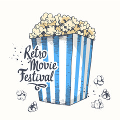 Vector illustration with sketch popcorn bucket. design. Cinema snack. Hand drawn fast food. Movie Time poster.