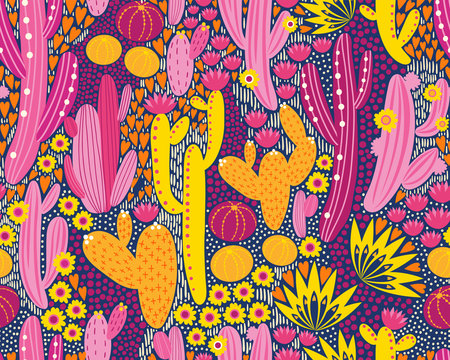 Vector seamless pattern with cactus on black and white geometric background. Summer plants, flowers and leaves. Natural floral bright design. Botanical illustration.