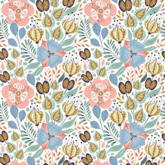 Floral seamless pattern on white. Abstract vector background with flowers and leaves. Natural bright design. Scandinavian style.