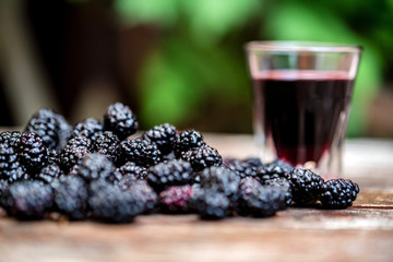 Close up fresh mulberries fruit in bowl and liquor in shot