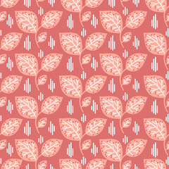 Vector seamless pattern on pink color with leaves and branch. Abstract background with floral elements. Natural design.