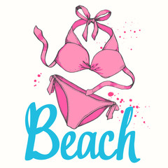 Travel vector illustration with swimming suit in sketch style on white background. Brush calligraphy elements for your design. Handwritten ink lettering.