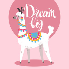 Illustration with llama, composition on pink vector doodle elements. Greeting card with Alpaca. Dream big.